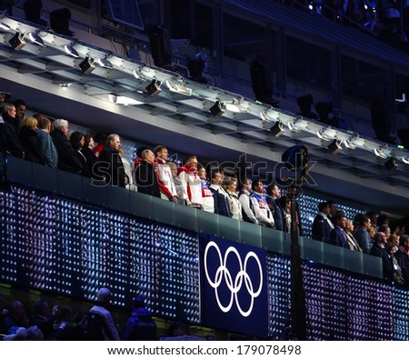 Sochi, RUSSIA - February 23, 2014: Vladimir Putin, Tomas Bach and other authorities at closing Ceremony in Fisht Olympic Stadium at the Sochi 2014 Olympic Games
