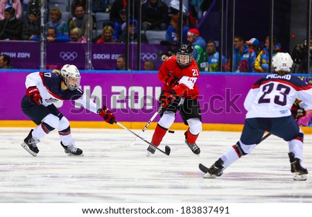 Sochi, RUSSIA - February 20, 2014: Haley IRWIN (CAN) at Canada vs. USA Ice hockey Women\'s Gold Medal Game at the Sochi 2014 Olympic Games