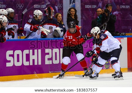 Sochi, RUSSIA - February 20, 2014: Hayley WICKENHEISER (CAN) at Canada vs. USA Ice hockey Women\'s Gold Medal Game at the Sochi 2014 Olympic Games