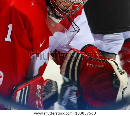 Sochi, RUSSIA - February 20, 2014: Shannon SZABADOS (CAN) at Canada vs. USA Ice hockey Women\'s Gold Medal Game at the Sochi 2014 Olympic Games