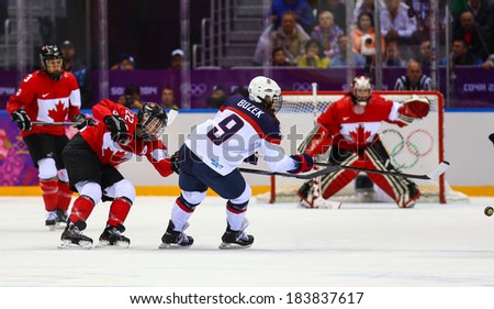 Sochi, RUSSIA - February 20, 2014: Megan BOZEK (USA) at Canada vs. USA Ice hockey Women's Gold Medal Game at the Sochi 2014 Olympic Games