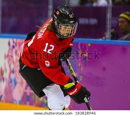 Sochi, RUSSIA - February 20, 2014: Meaghan MIKKELSON (CAN) at Canada vs. USA Ice hockey Women\'s Gold Medal Game at the Sochi 2014 Olympic Games