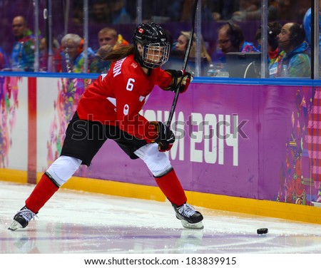 Sochi, RUSSIA - February 20, 2014: Rebecca JOHNSTON (CAN) at Canada vs. USA Ice hockey Women\'s Gold Medal Game at the Sochi 2014 Olympic Games