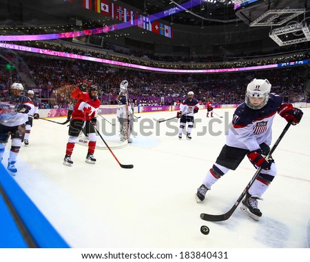 Sochi, RUSSIA - February 20, 2014: Jocelyne LAMOUREUX (USA) at Canada vs. USA Ice hockey Women\'s Gold Medal Game at the Sochi 2014 Olympic Games