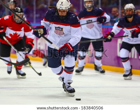 Sochi, RUSSIA - February 20, 2014: Megan BOZEK (USA) at Canada vs. USA Ice hockey Women\'s Gold Medal Game at the Sochi 2014 Olympic Games