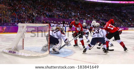 Sochi, RUSSIA - February 20, 2014: Jessie VETTER (USA) at Canada vs. USA Ice hockey Women\'s Gold Medal Game at the Sochi 2014 Olympic Games