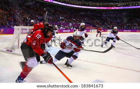 Sochi, RUSSIA - February 20, 2014: Brianne JENNER (CAN) at Canada vs. USA Ice hockey Women\'s Gold Medal Game at the Sochi 2014 Olympic Games
