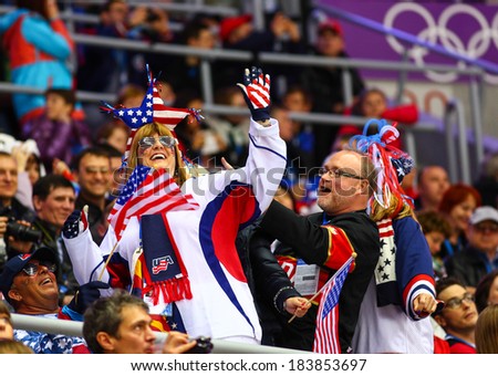 Sochi, RUSSIA - February 20, 2014: Fan of USA Women\'s Ice hockey team at Gold Medal Game vs. Canada team at the Sochi 2014 Olympic Games