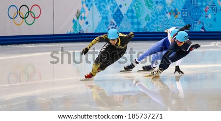 Sochi, RUSSIA - February 18, 2014: Satoshi SAKASHITA (JPN), No231 at Men\'s 500 m Short Track Heats at the Sochi 2014 Olympic Games