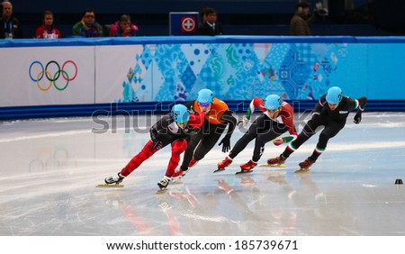 Sochi, RUSSIA - February 18, 2014: Charle COURNOYER (CAN), Ã?Â?Ã?Â¹203 at Men's 500 m Short Track Heats at the Sochi 2014 Olympic Games