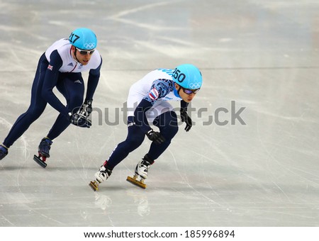 Sochi, RUSSIA - February 18, 2014: Victor AN (RUS), No250 at Men\'s 500 m Short Track Heats at the Sochi 2014 Olympic Games