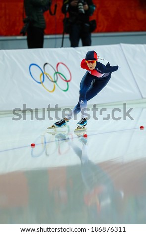 Sochi, RUSSIA - February 19, 2014: Martina SABLIKOVA (CZE) on lane during Speed Skating. Ladies\' 5000 m at the Sochi 2014 Olympic Games