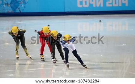 Sochi, RUSSIA - February 18, 2014: Tatiana BORODULINA (RUS) No.149 at Ladies\' 1000 m Short Track Heats at the Sochi 2014 Olympic Games