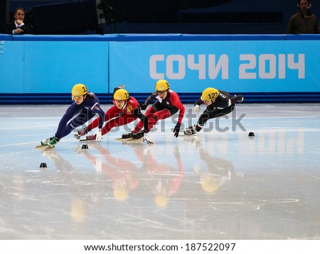 Sochi, RUSSIA - February 18, 2014: Marie-Eve DROLET (CAN) No.104 at Ladies\' 1000 m Short Track Heats at the Sochi 2014 Olympic Games