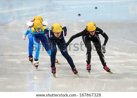 Sochi, RUSSIA - February 18, 2014: Seung-Hi PARK (KOR) No.138 at Ladies\' 1000 m Short Track Heats at the Sochi 2014 Olympic Games