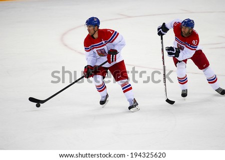 Sochi, RUSSIA - February 18, 2014: Marek ZIDLICKY (CZE) on ice during Ice hockey Men\'s Play-offs Qualifications Game vs. Slovakia team at the Sochi 2014 Olympic Games