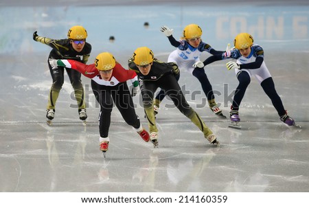 Sochi, RUSSIA - February 18, Szandra LAJTOS (HUN), No 123 at Ladies\' 3000 m Heats Short Track Relay at the Sochi 2014 Olympic Games