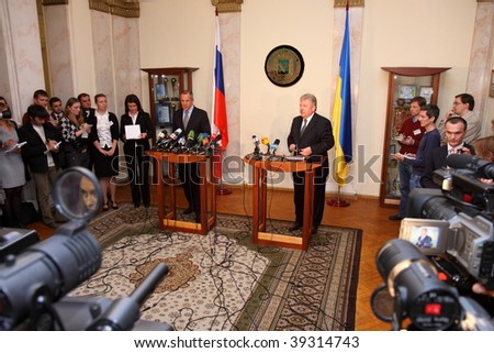 KHARKIV, UKRAINE - OCTOBER 6: Meeting of heads of foreign affairs ministries of Ukraine and Russian Federation - Volodymyr Khandogiy and Sergei Lavrov in Kharkiv. October 6, 2009 in Kharkiv, Ukraine.