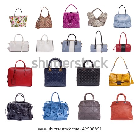 a lot of fashion bags on white background