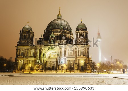 The Berlin Cathedral in winter. The famous television tower can be seen on the right hand side.