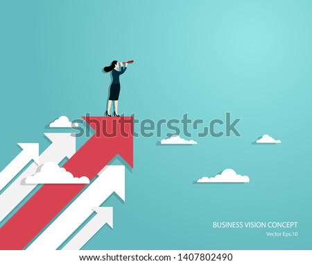 Business vision and target, Business woman holding telescope standing on red arrow up go to success in career. Concept business, Achievement, Character, Leader, Vector illustration flat