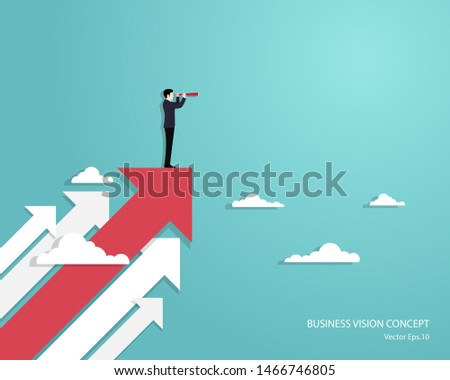 Business vision and target, Businessman holding telescope standing on red arrow up go to success in career. Concept business, Achievement, Character, Leader, Vector illustration flat