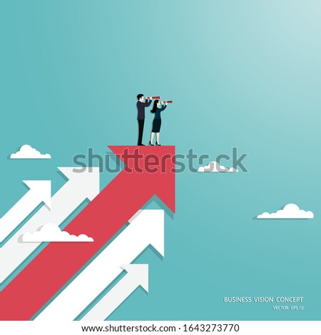 Business vision, Businessteam holding telescope standing on red arrow up go to success in career, Concept business, Achievement, Character, Leadership, Vector illustration flat