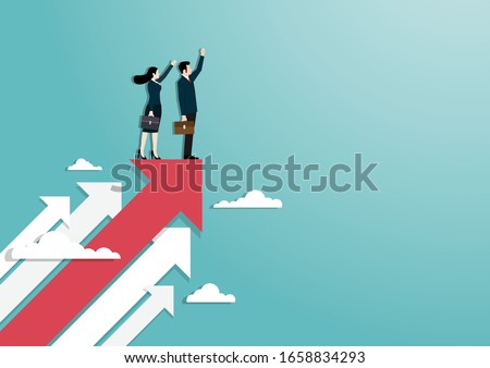 Business vision and target, Businessman and woman raise hand standing on red arrow go to success in career. Concept business, Achievement, Character, Leadership, Vector illustration flat