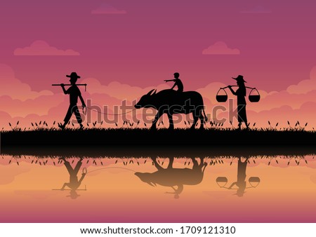 The way of life of farmers in Thailand. silhouette image of the family. farmer boy and his buffalo come back home in the sunset. vector illustration flat