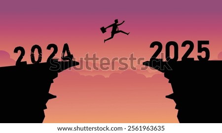 Businessman jumps between 2024 and 2025 years over the cliff and through the gap of hill silhouette evening sunset. business concept. leadership, target, and vision, Vector illustration.