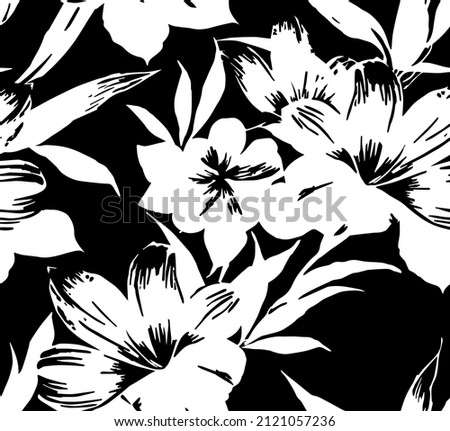 Black And White Floral Background Pattern. Flowers silhouettes vector seamless pattern