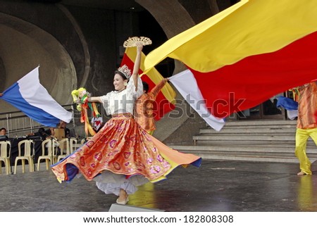 MANILA, PHILIPPINES -MARCH 16: Dancers perform cultural dance in Pasinaya 2014 on March 16, 2014 in CCP Manila. Pasinaya Open House Festival is the largest  multi-arts presentation in the Philippines.
