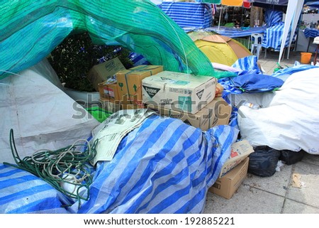 Bangkok, Thailand - May 14, 2014 : Garbages are left in the street where the anti-government protesters used to set the camp.