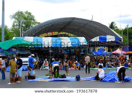 Bangkok, Thailand - May 13, 2014: Anti government protesters set up a big camp near Democracy monument to against government