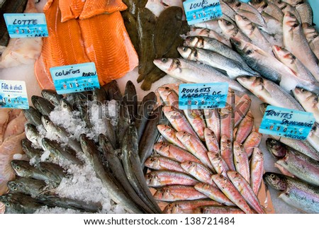 Display of fish on ice at a French fish market