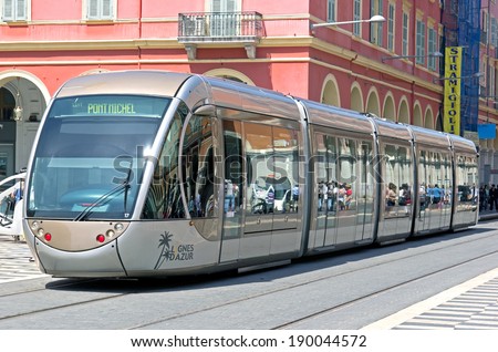 NICE, FRANCE - MAY 4: Modern tram in the centre of city on May 4, 2013. Tram is the main mode of transport in the city. The tram line connects the western and eastern parts of the city.