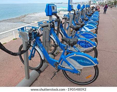 NICE, FRANCE - MAY 5: Public Bicycles Sharing Station on Promenade Des Anglais on May 5, 2013 in Nice, France. One of 120 stations in Nice. This service offers over 1200 self-service bicycles.