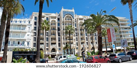 CANNES, FRANCE - MAY 6: Architecture of Cannes along the Croisette on May 6, 2013 in Cannes, France. City founded by the Romans in 42 BC.