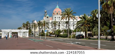 NICE, FRANCE - JUNE 6, 2014: Luxury Hotel Negresco on English Promenade in Nice, French Riviera. Hotel Negresco is the famous luxury hotel on the Promenade des Anglais in Nice.