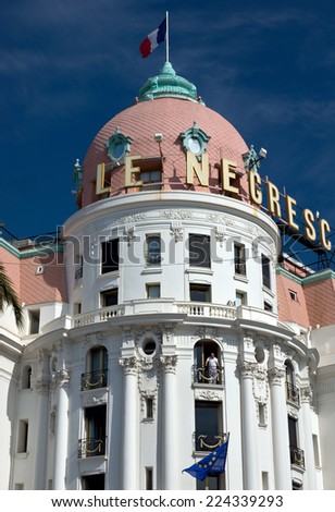 NICE, FRANCE - JUNE 6, 2014: Luxury Hotel Negresco on English Promenade in Nice, French Riviera. Hotel Negresco is the famous luxury hotel on the Promenade des Anglais in Nice.