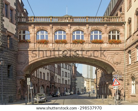 FRANKFURT AM MAIN, GERMANY - JULY 2, 2015: North wing of Romer at Frankfurt, Germany. The covered bridge is called the \