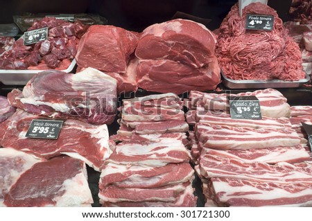 BARCELONA, SPAIN - JULY 6, 2015: Selection of different cuts of fresh meat on display at the Boqueria market in Barcelona.