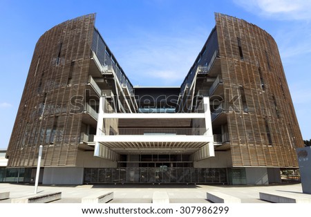 BARCELONA, SPAIN - JULY 12, 2015: Building of Biomedical Research Park (Parc de Recerca Biomedica) in Barcelona, Spain.