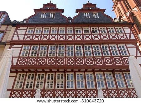 FRANKFURT AM MAIN, GERMANY - JULY 2, 2015: Buildings of Roemerberg square in Frankfurt, Germany. Frankfurt is the fifth-largest city in Germany.