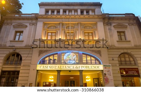 BARCELONA, SPAIN - JULY 4, 2015: Night view of Casino L'Alianca del Poblenou at Rambla - center of nightlife at Barcelona.