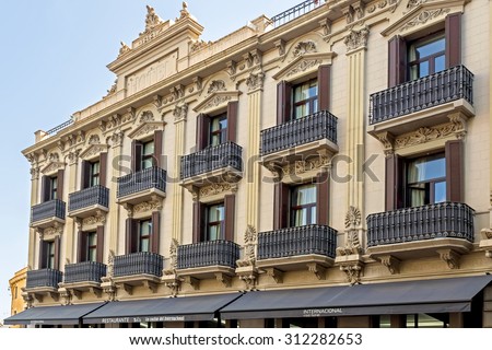 BARCELONA, SPAIN - JULY 6, 2015: The International Cool Local Hotel is located in the very heart of Las Ramblas. It was built in 1894.