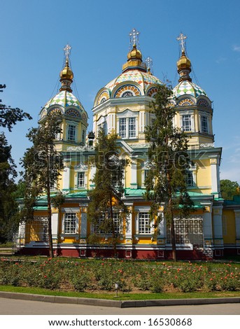 Ascension Cathedral, the Russian orthodox church in Panfilov Park, Almaty, Kazakhstan. Ascension Cathedral, built in 1907 and the second highest wooden building in the world, now houses a museum.
