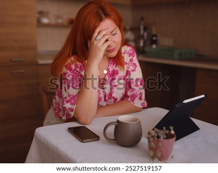 Similar – Image, Stock Photo Young sad woman looking outside through balcony of an apartment building