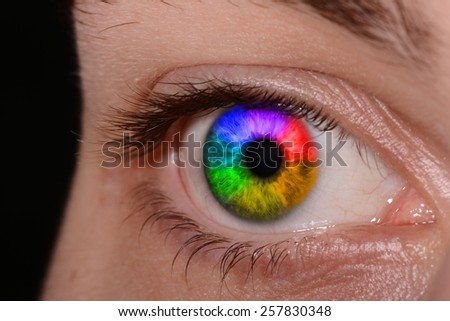 Close Up Of A Man Eyes, macro. Rainbow in eye
