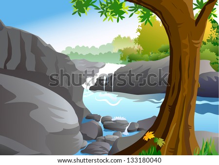 Waterfall - A landscape, rocks and woods.